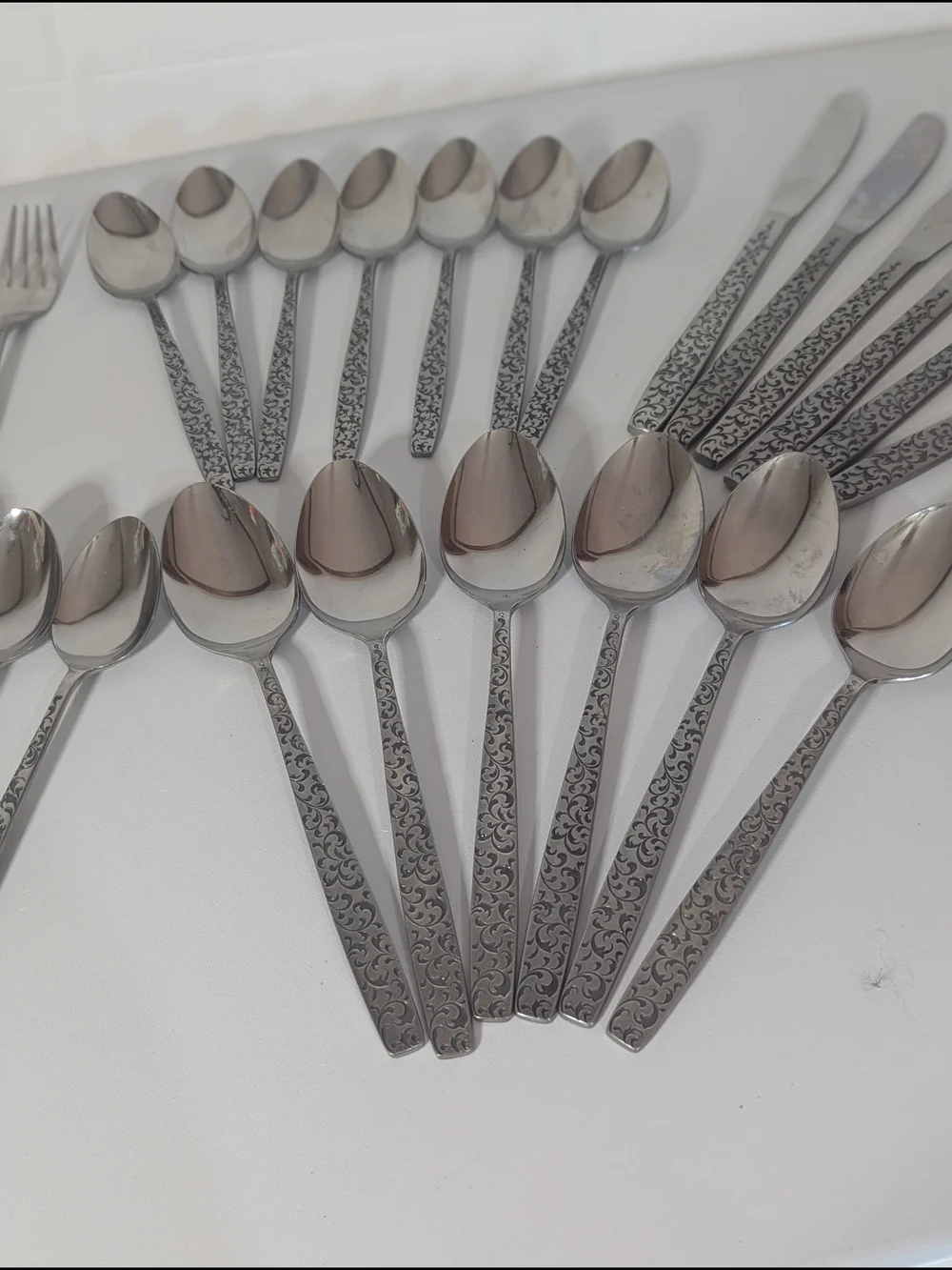 Vintage Corsican Stainless Steel Japan Flatware Set 36 Pc Floral Scroll MCM